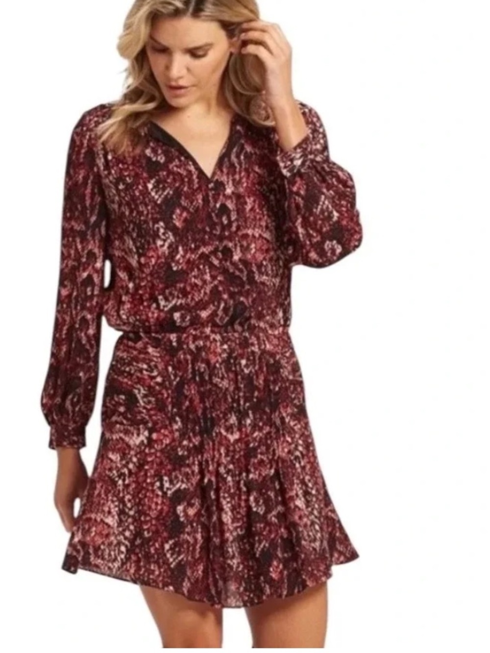 Marie Oliver silk Red Black Animal Print Long Sleeve V-Neck Mini Dress sz2